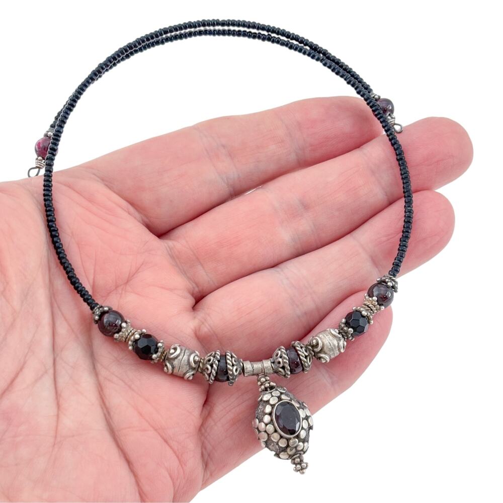 Vintage Sterling Silver 925 Garnet Bead Necklace 16"